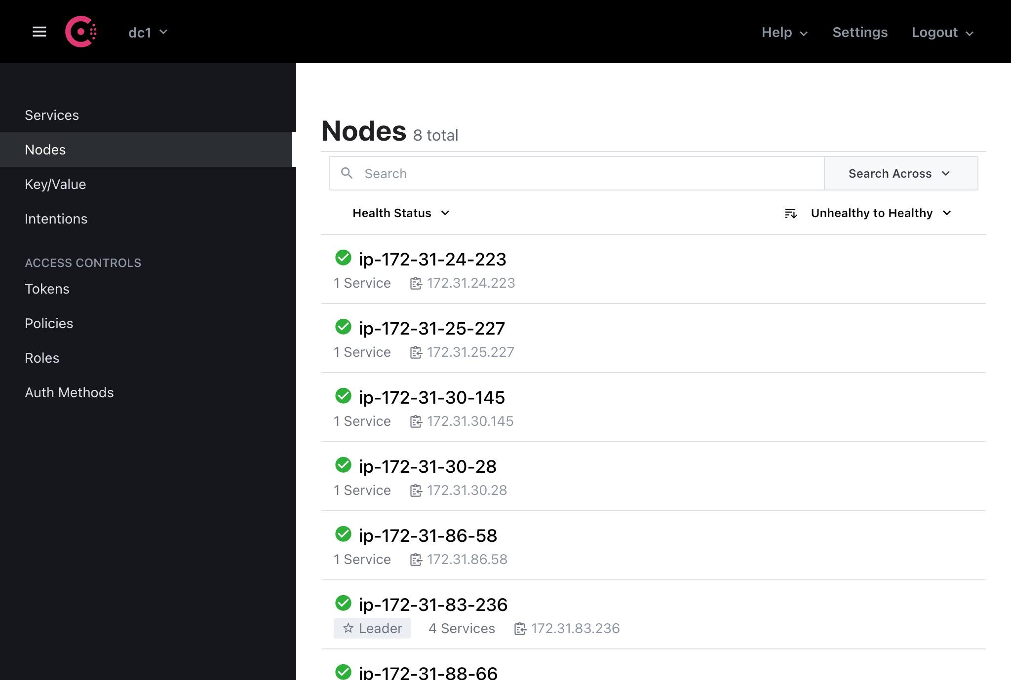 Consul UI Nodes page