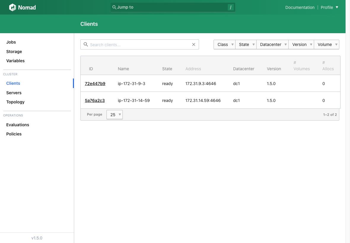 A screenshot of the Nomad UI displaying the list of clients in the cluster