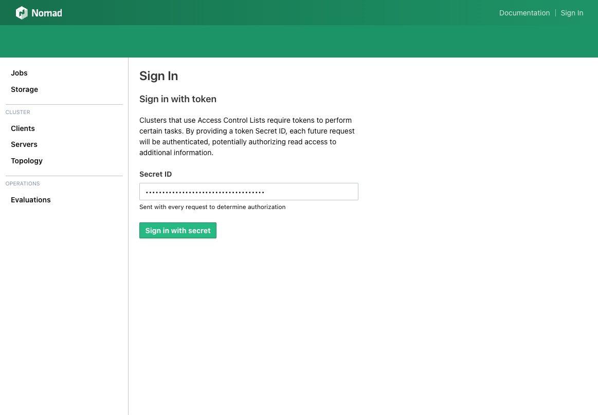 Nomad UI Access Control Tokens page