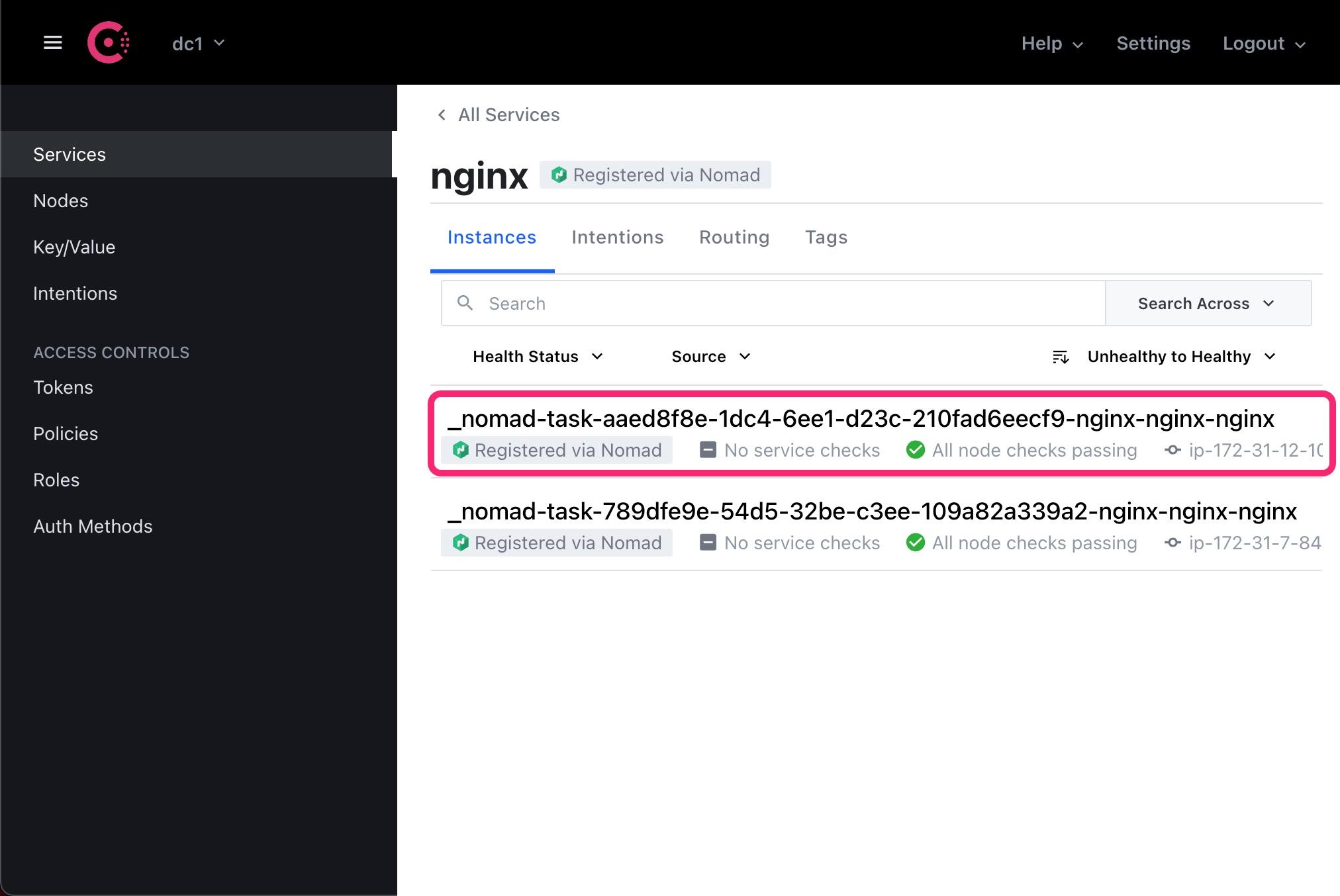 nginx service task in the Consul UI