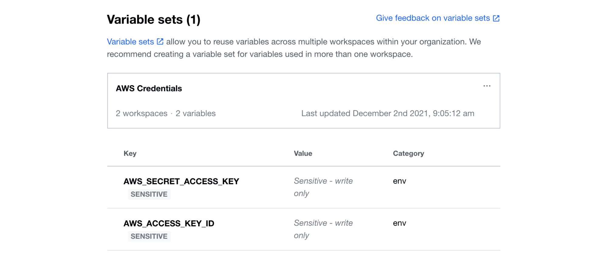 The `learn-terraform-s3-migrate-tfc-main` workspace contains the AWS Credentials variable set to authenticate the workspace to AWS